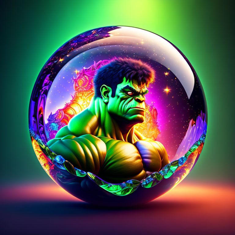 Colorful comic book superhero in cosmic sphere with green-skinned character.