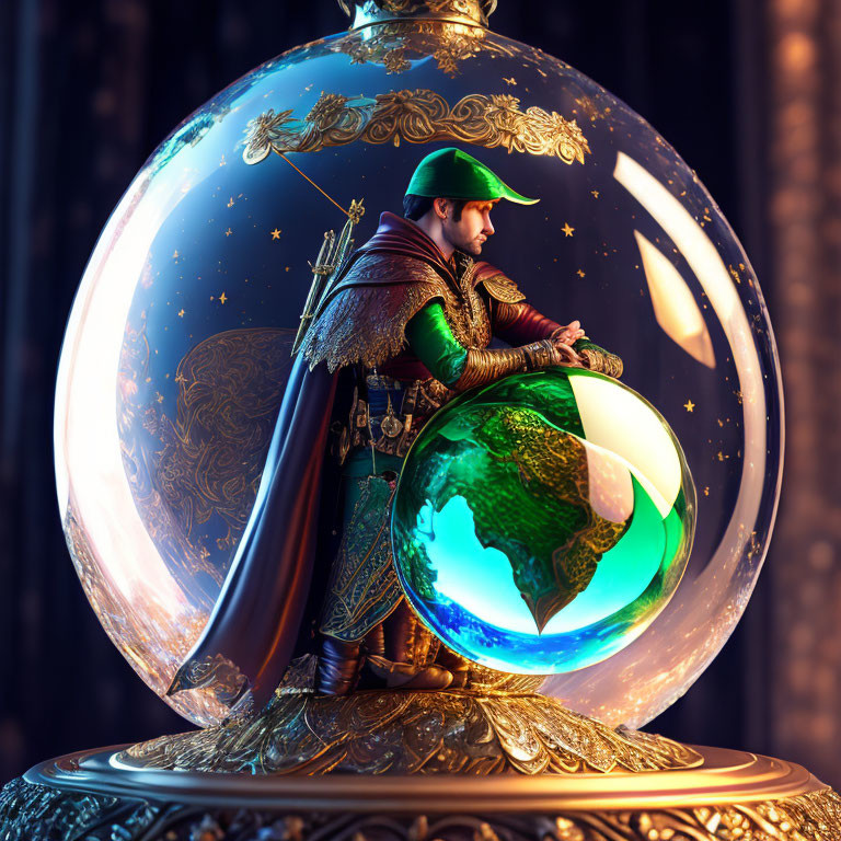 Medieval knight in green cloak and armor inside ornate golden globe with map sphere