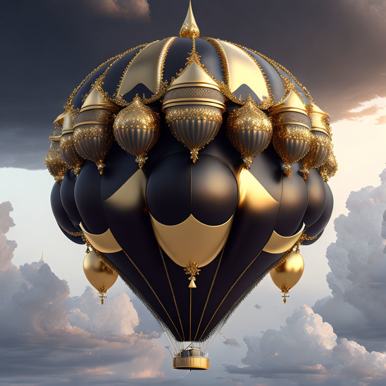 Fantasy hot air balloon with black and gold design in dusky sky
