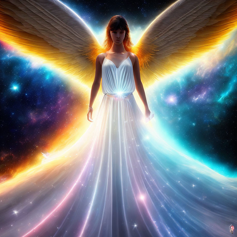 Luminous angel with wings in cosmic setting wearing white gown