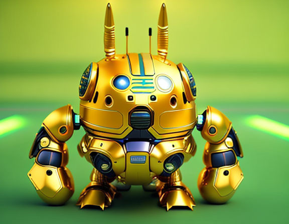 Stylized yellow and metallic robot with antenna ears in 3D rendering