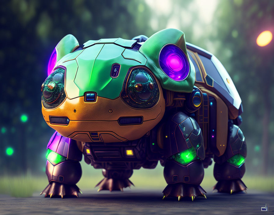 Robotic turtle with green and gold shell in forest setting