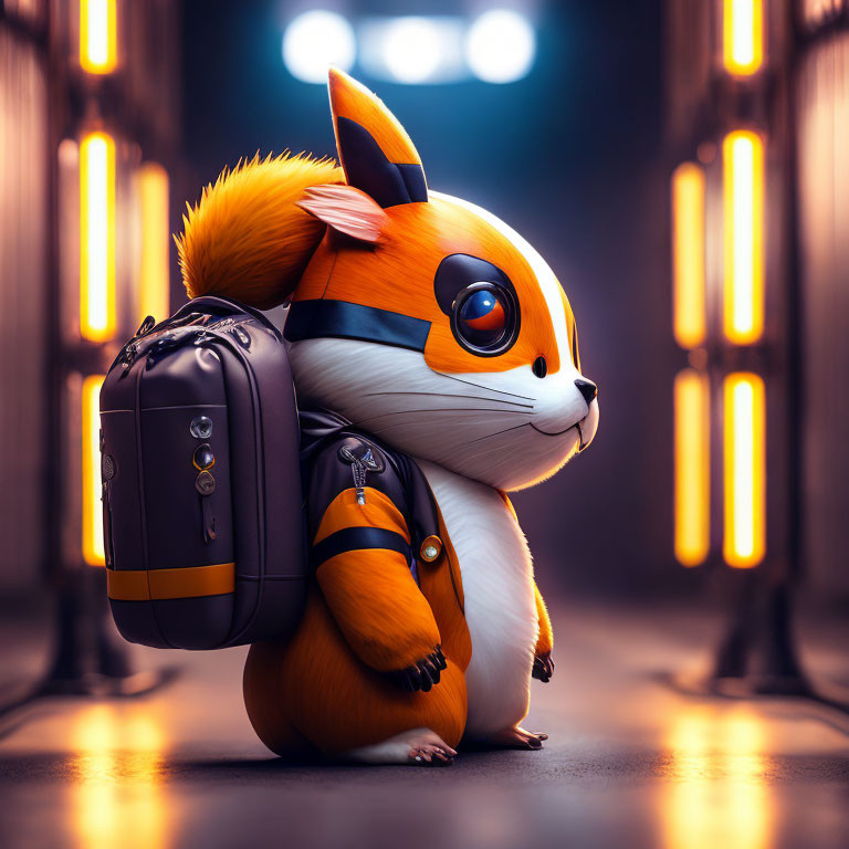 Stylized animated fox with large head and eyes in hallway with glowing lights
