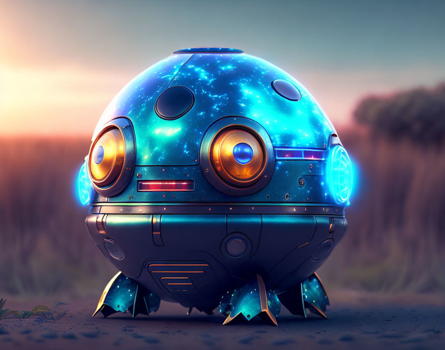 Futuristic cosmos-themed spherical robot with glowing orange eyes in twilight field