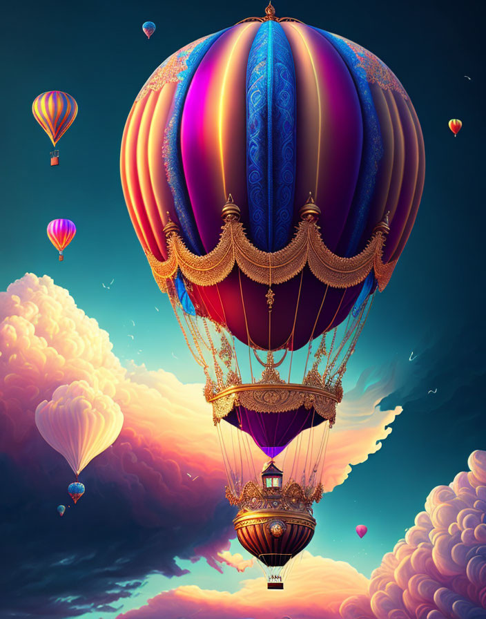 Colorful hot air balloon in surreal sky with ornate design and smaller balloons.