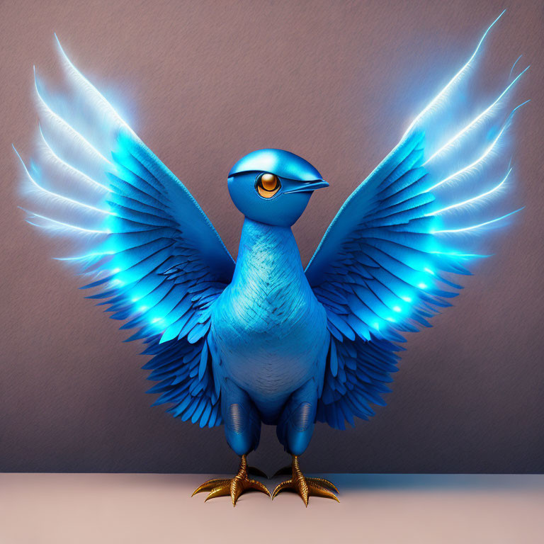 Blue feathered bird with outspread wings and golden feet on neutral background