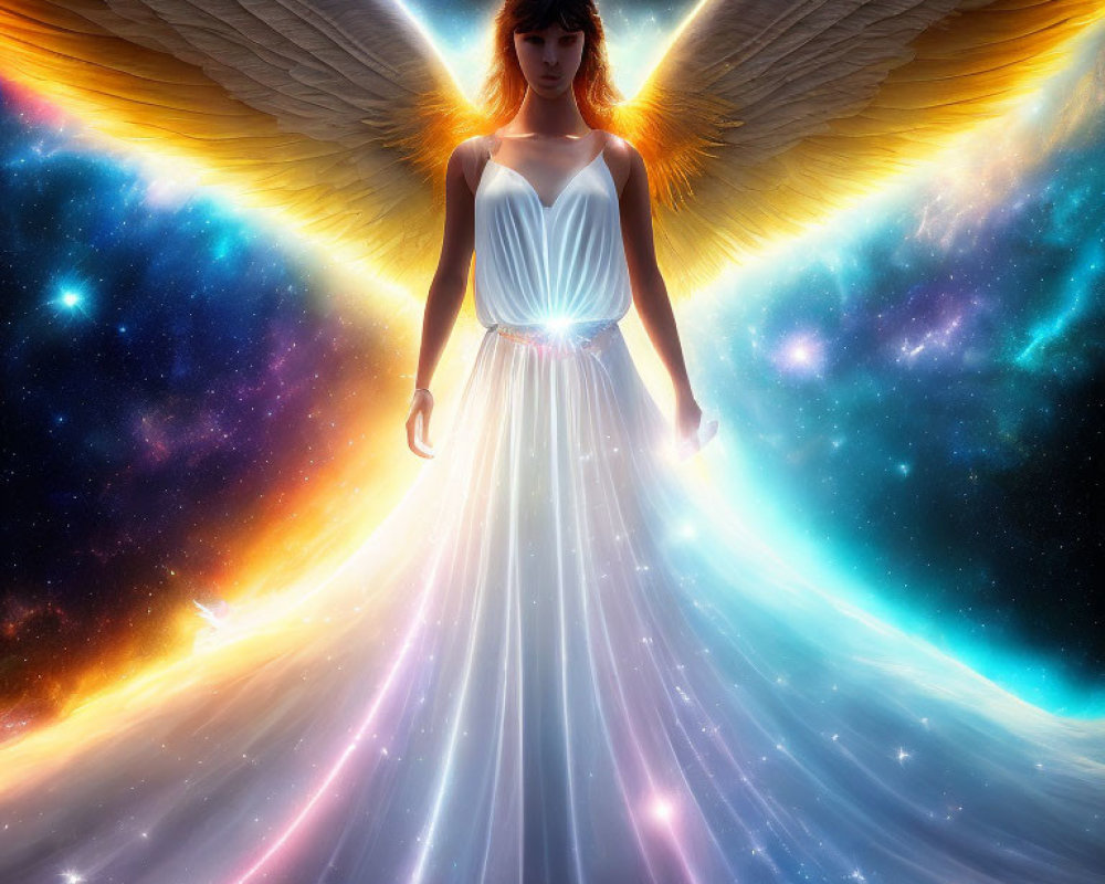 Luminous angel with wings in cosmic setting wearing white gown