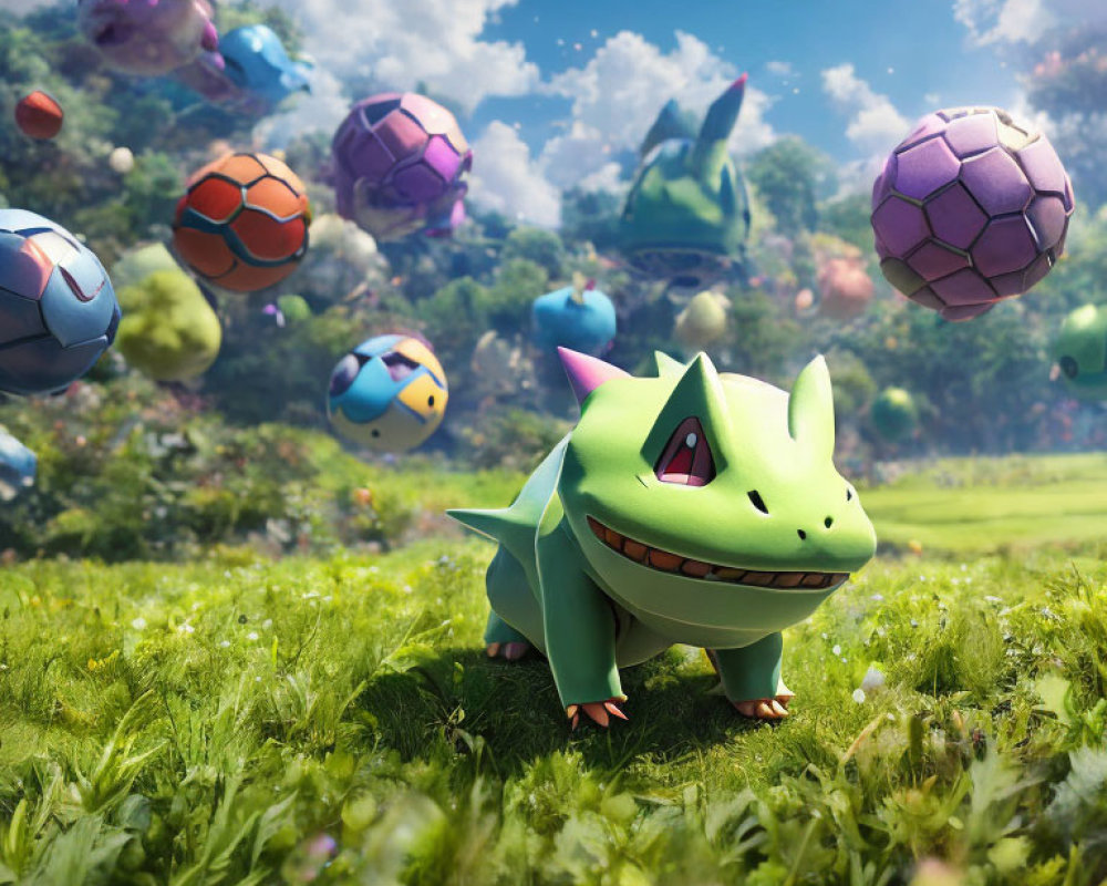 Colorful Bulbasaur surrounded by Poké Balls in sunny meadow