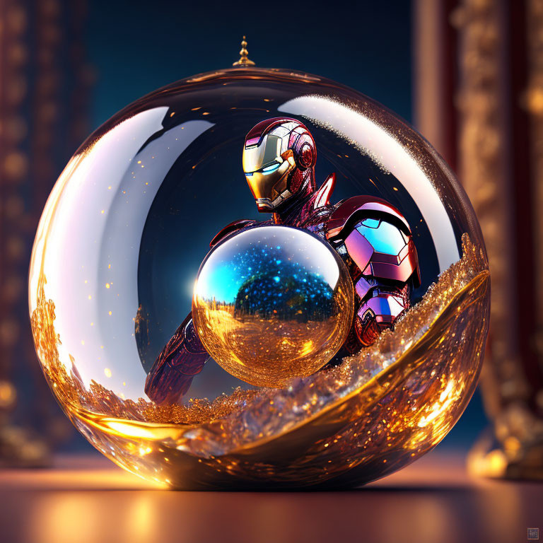 Reflective Spheres with Iron Man Figure on Glossy Surface