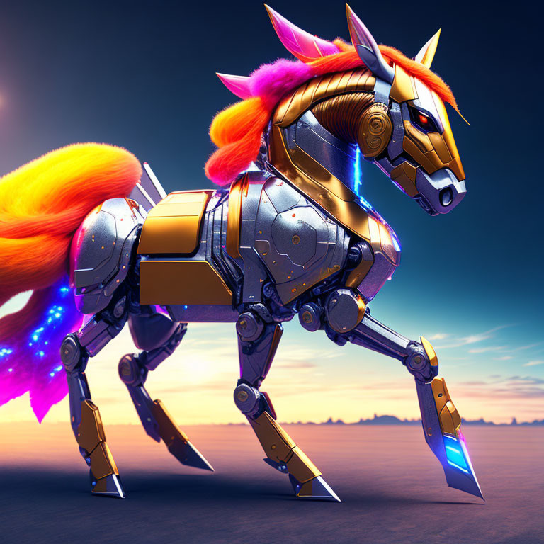 Futuristic robotic horse with golden armor and glowing tail at twilight