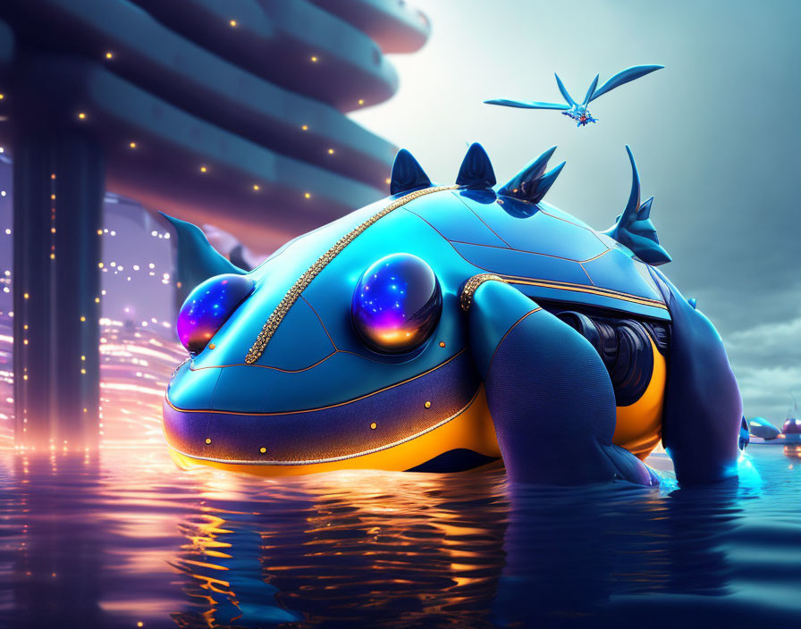 Blue Mechanical Frog with Glowing Eyes by Water at Dusk