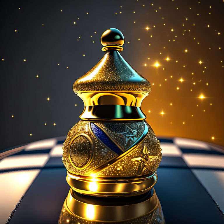 Intricate Gold Bishop Chess Piece on Checkered Board