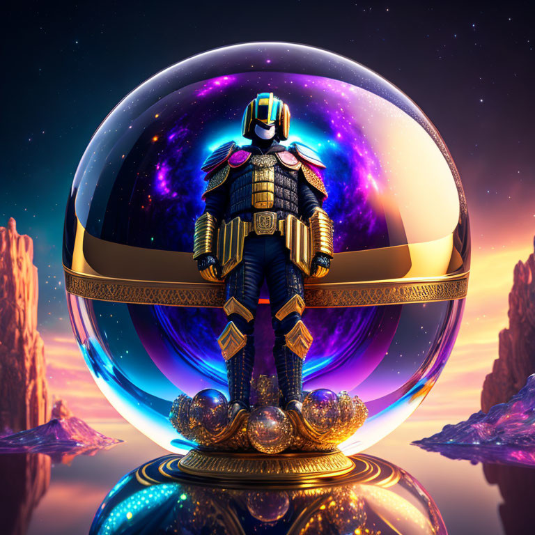 Armored figure in glowing orb amid surreal landscape