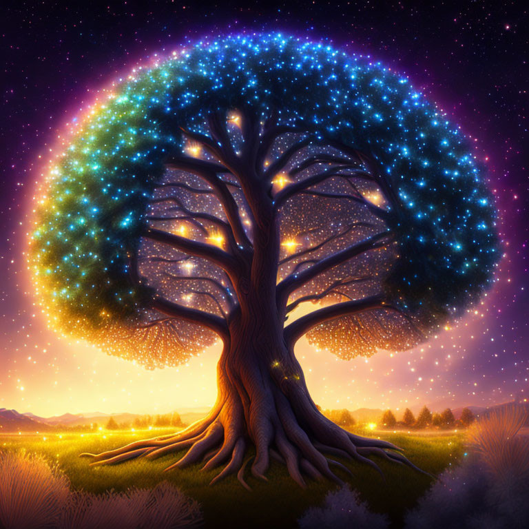 Majestic tree illustration with glowing canopy against twilight backdrop