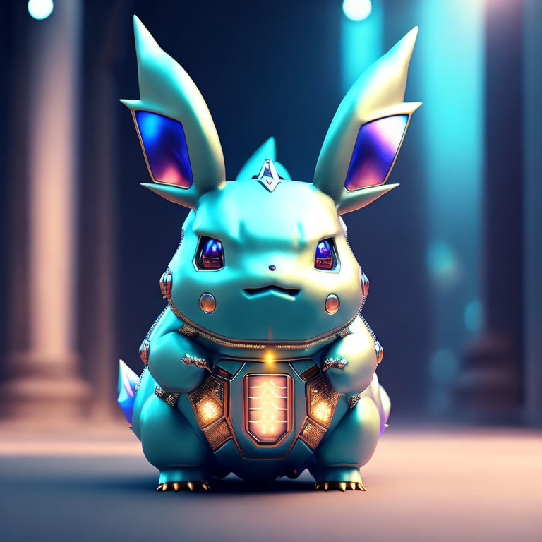 Blue-eared robotic Pikachu in futuristic setting with ethereal light