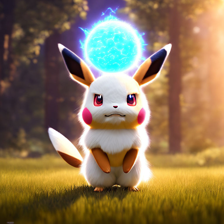 Eevee Evolution Flareon with Glowing Blue Orb in Forest Scene