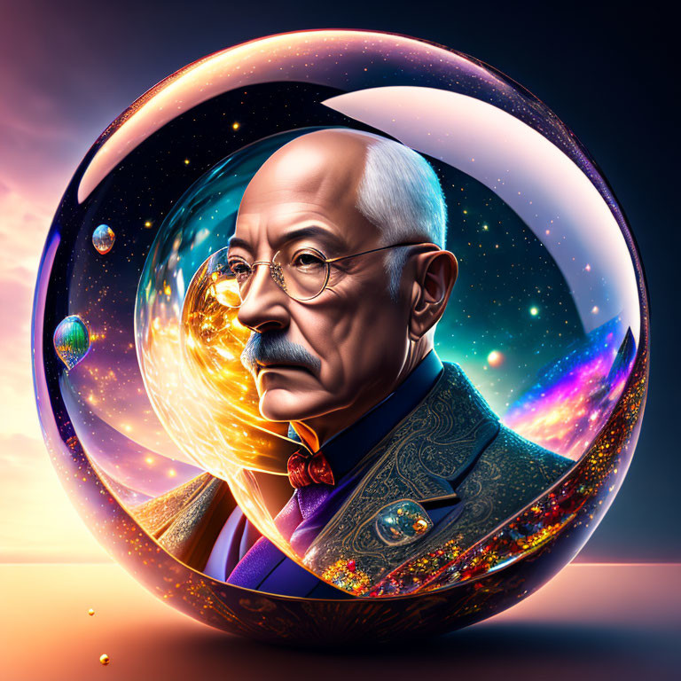 Stylized portrait of a man with mustache and glasses in cosmic sphere