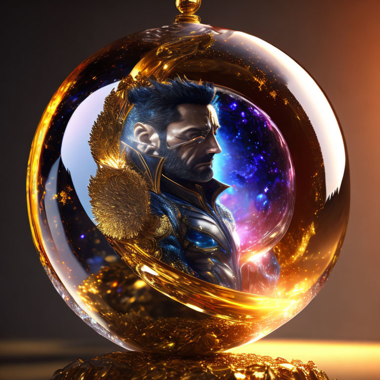 Stylized digital artwork of man in futuristic armor in golden frame