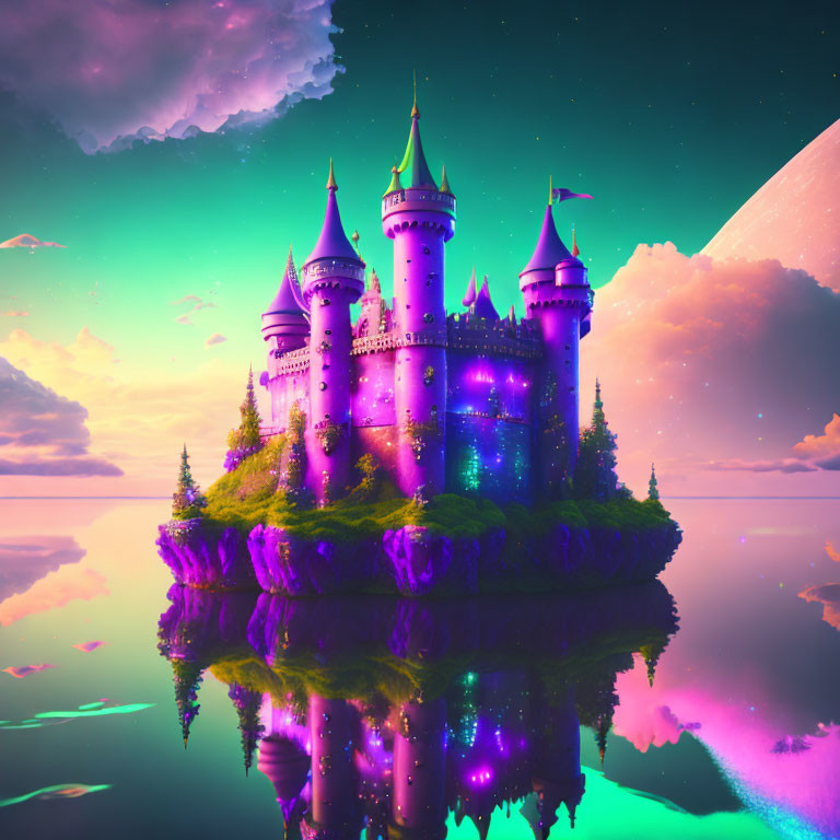 Purple Castle Illuminated on Island in Calm Waters at Twilight