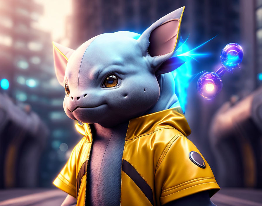 Anthropomorphic blue mouse in yellow jacket with glowing purple orbs.