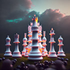 Fantasy-themed chess set with oversized glowing pieces and winged king on grassy field under dramatic cloudy