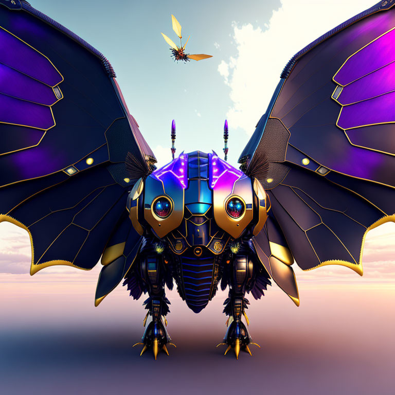 Detailed 3D mechanical bat creature with wings in purple sky