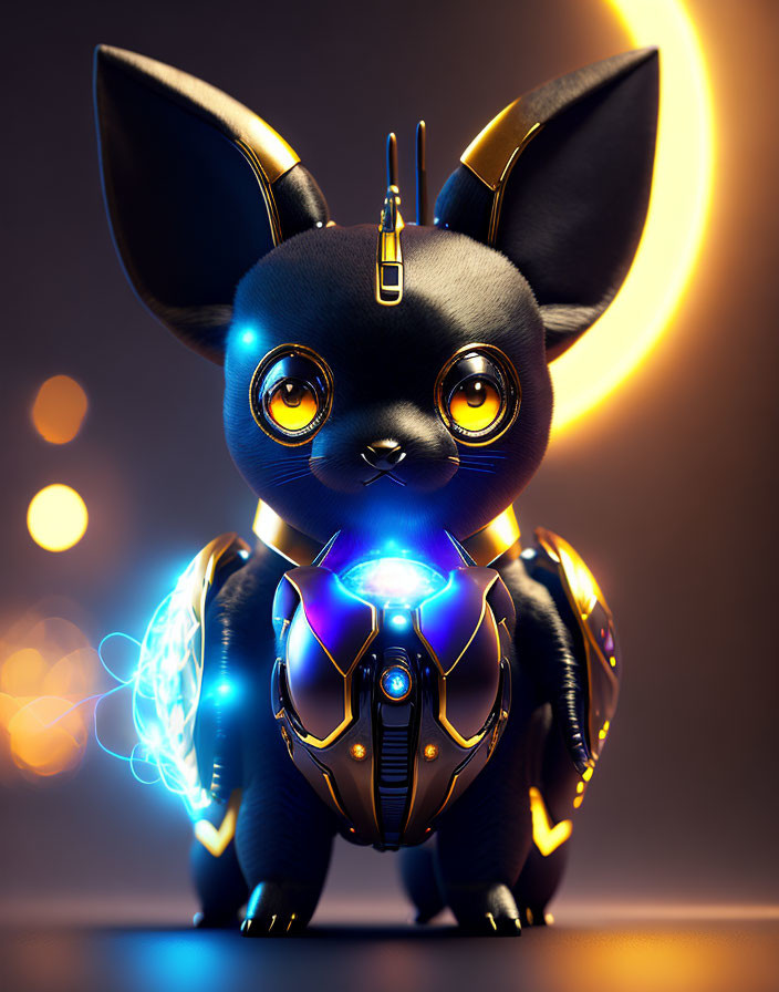 Futuristic robotic dog with glowing orange eyes and blue neon highlights