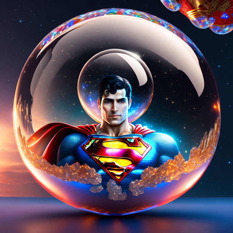 Superman in shimmering bubble on cosmic backdrop with moon & ornaments