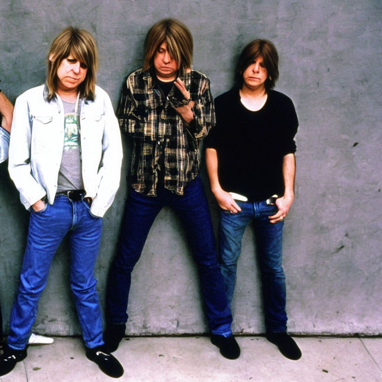 Three individuals with matching long hairstyles and casual outfits leaning against a grey wall