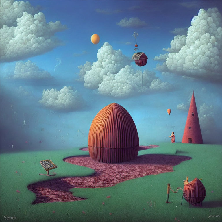 Whimsical surreal landscape with person, round building, brick path, and flying balloon