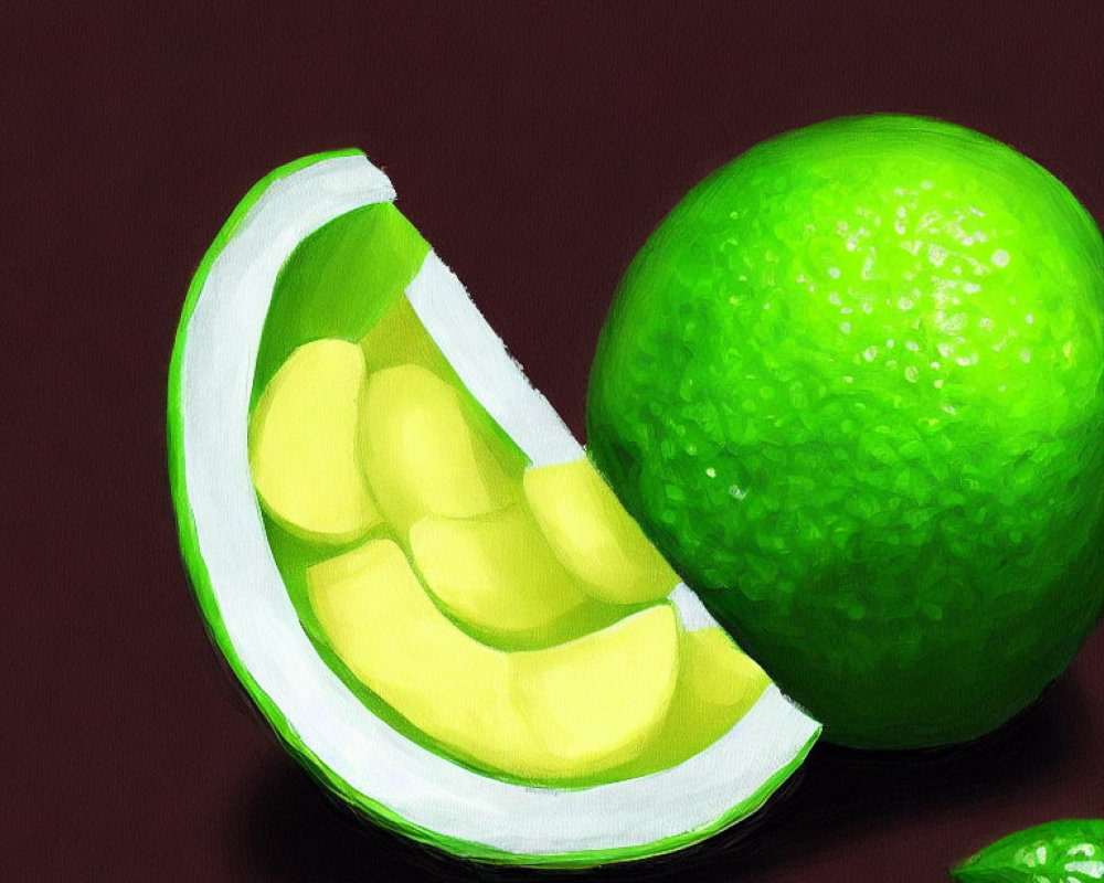Detailed digital artwork of cut and whole lime on dark background