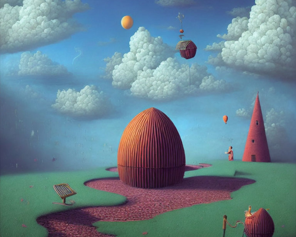 Whimsical surreal landscape with person, round building, brick path, and flying balloon