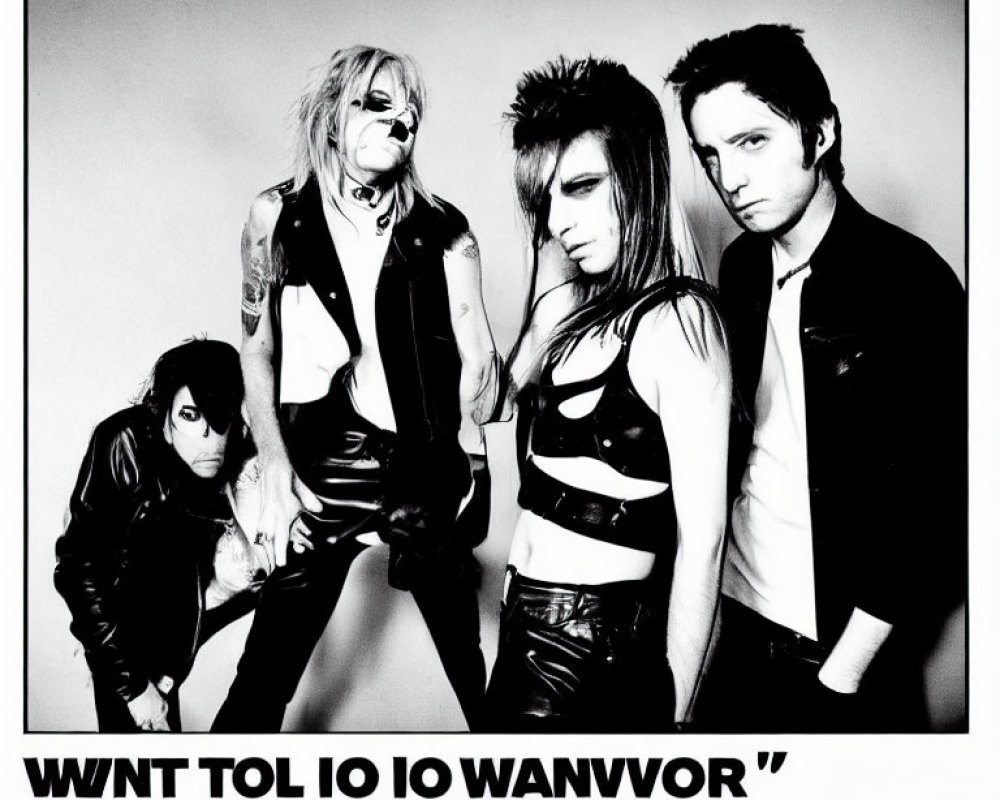 Four individuals in edgy poses with high-contrast black and white effect, exuding a punk or