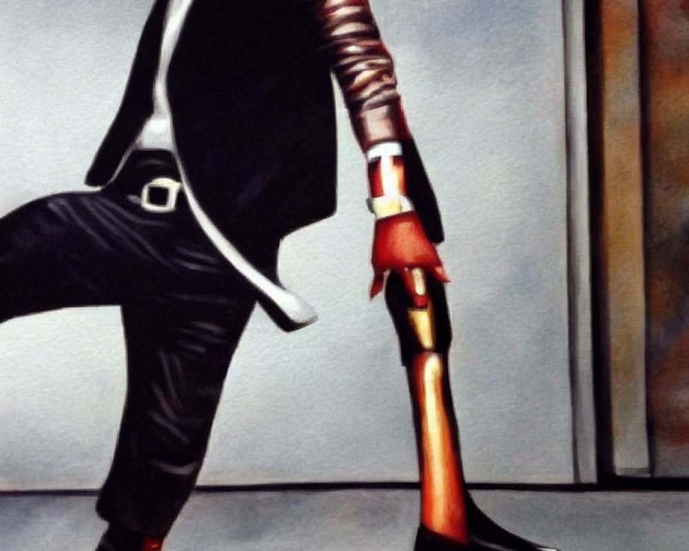 Person in black attire with red-striped glove mid-stride captured in artwork