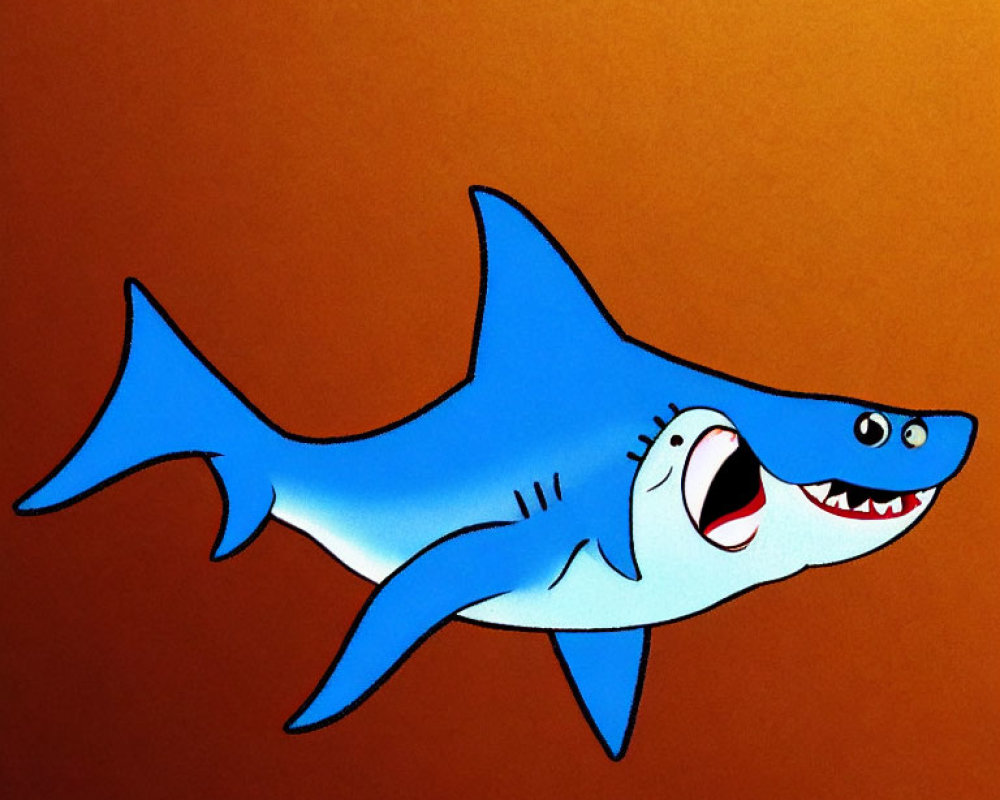 Cheerful blue shark cartoon with wide smile on orange background