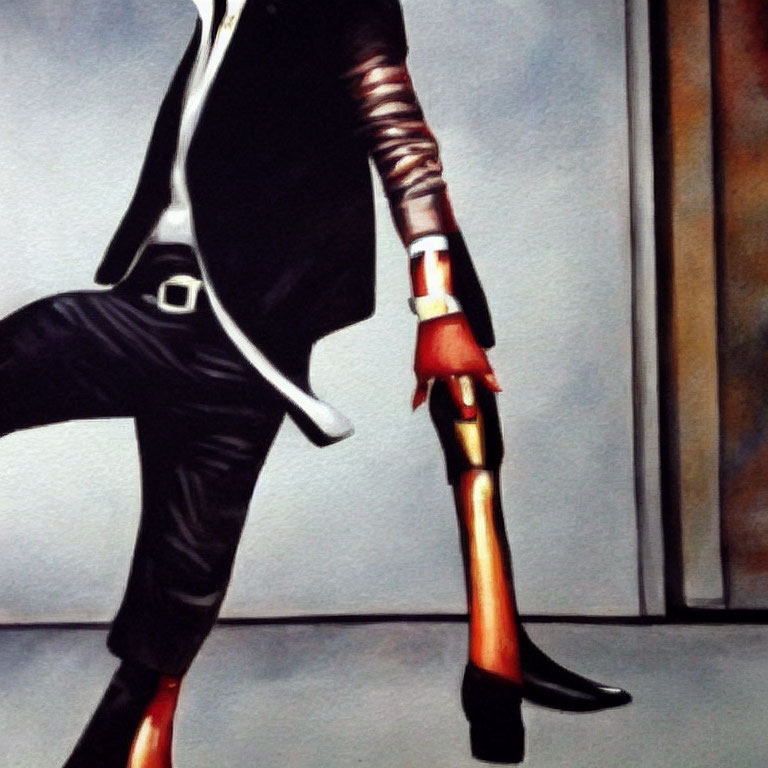 Person in black attire with red-striped glove mid-stride captured in artwork
