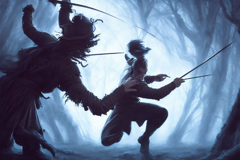 Silhouetted figures in tense sword duel in misty forest with dramatic lighting