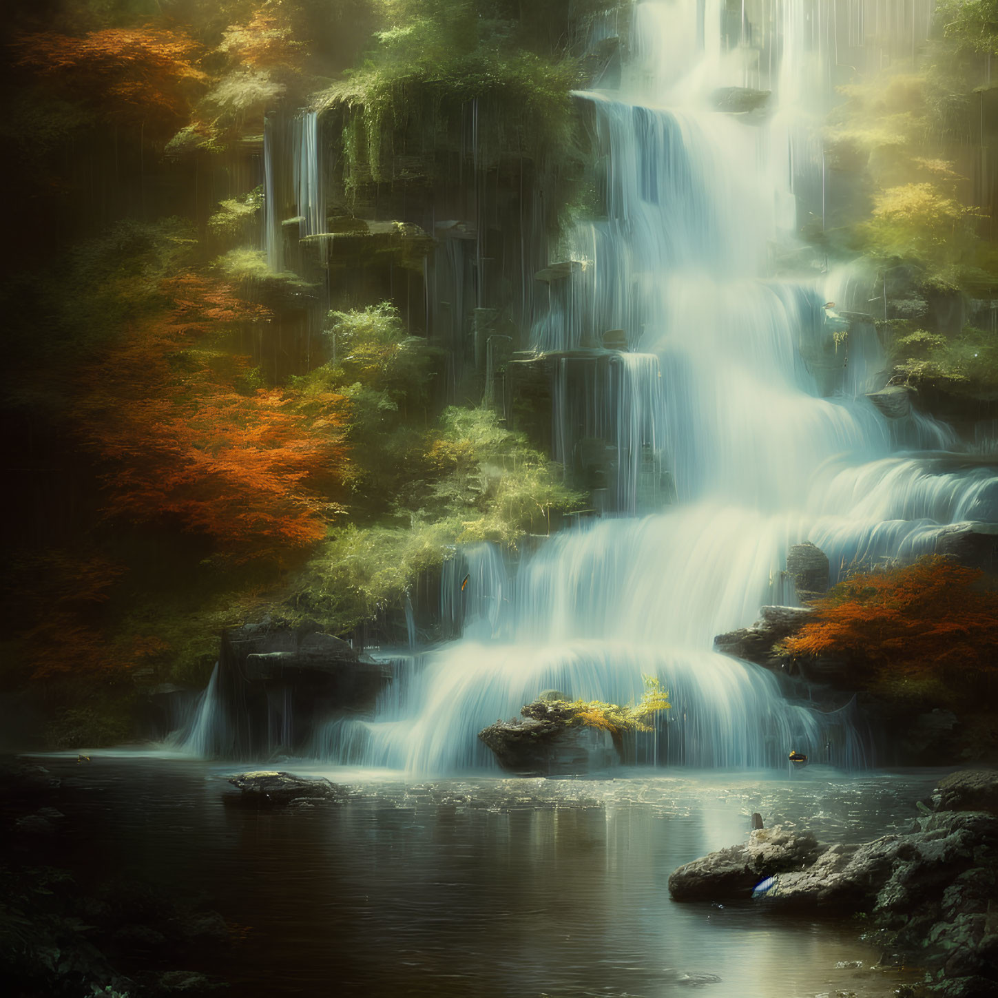 Serene autumn waterfall with misty pool