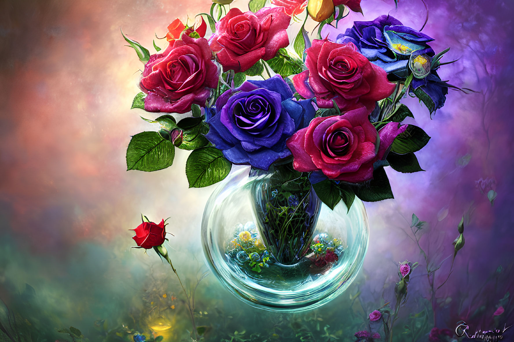 Colorful Rose Bouquet in Transparent Vase on Mystical Background