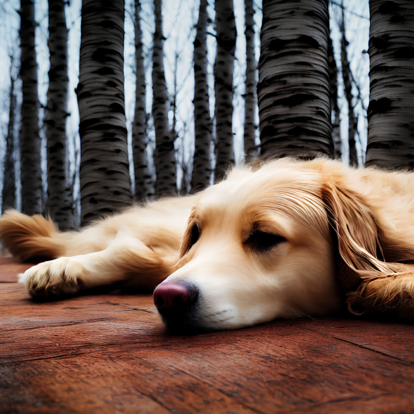 Golden Retriever Resting on Wooden Deck with Birch Trees and Blue Sky