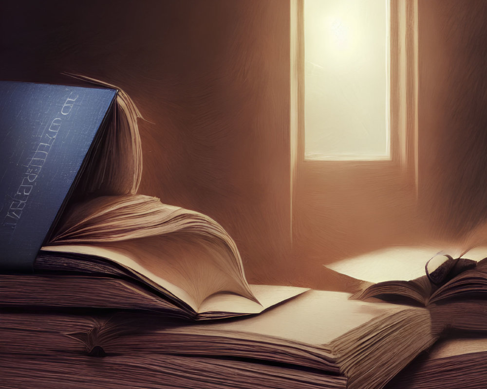 Open Book Next to Another on Wooden Surface with Soft Light