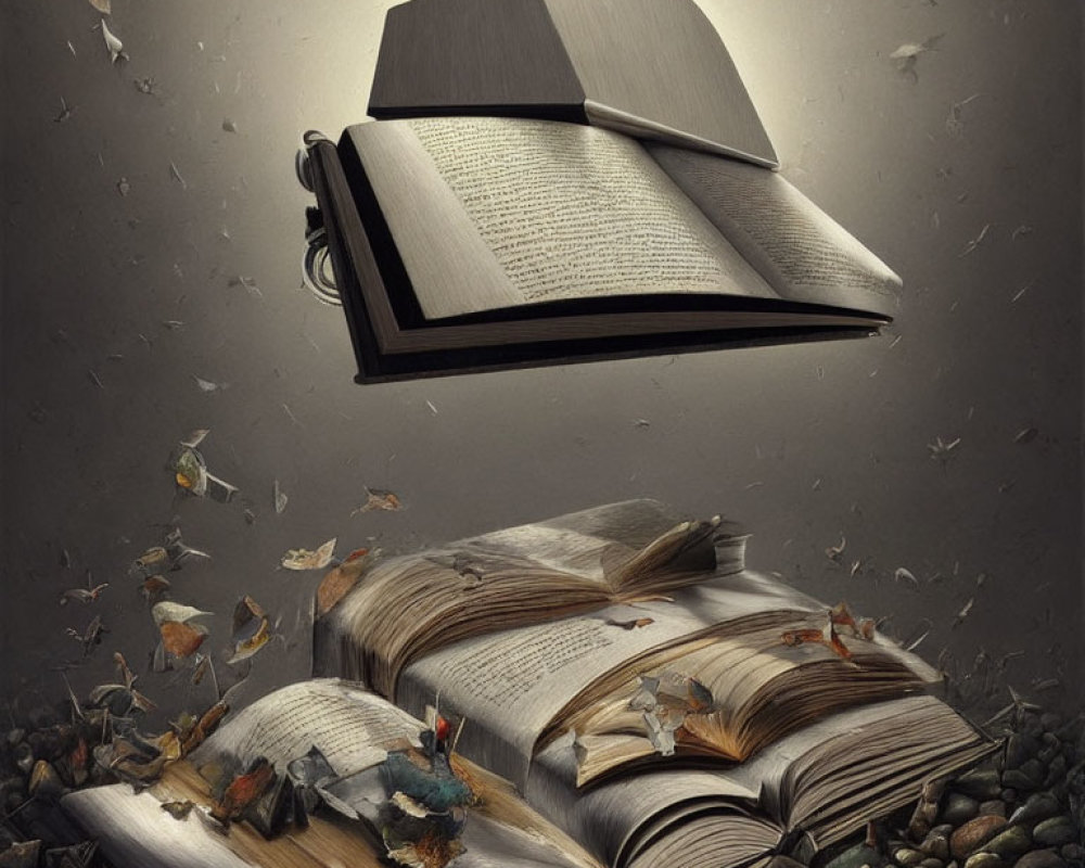 Hovering open book with fluttering pages above another book in magical setting