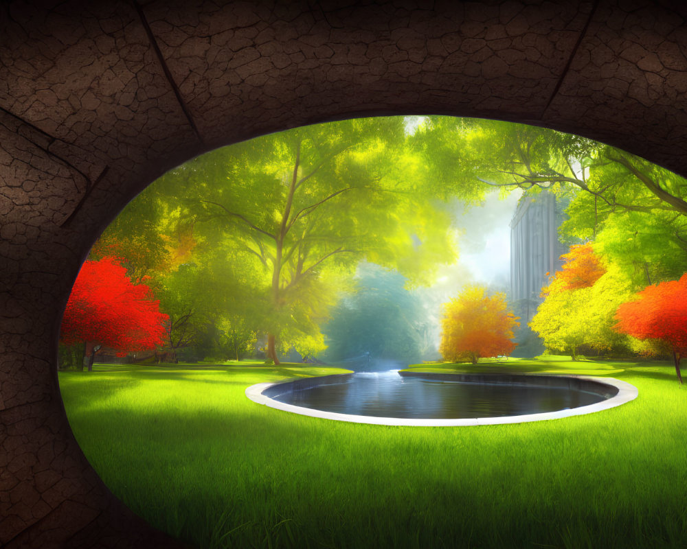 Tranquil park scene with green, blue, and red trees through round tunnel opening