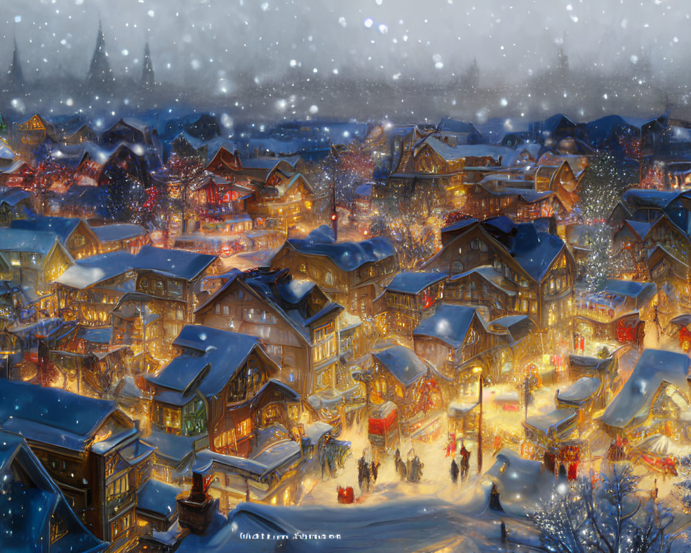 Snow-covered village with warmly lit houses on a winter evening
