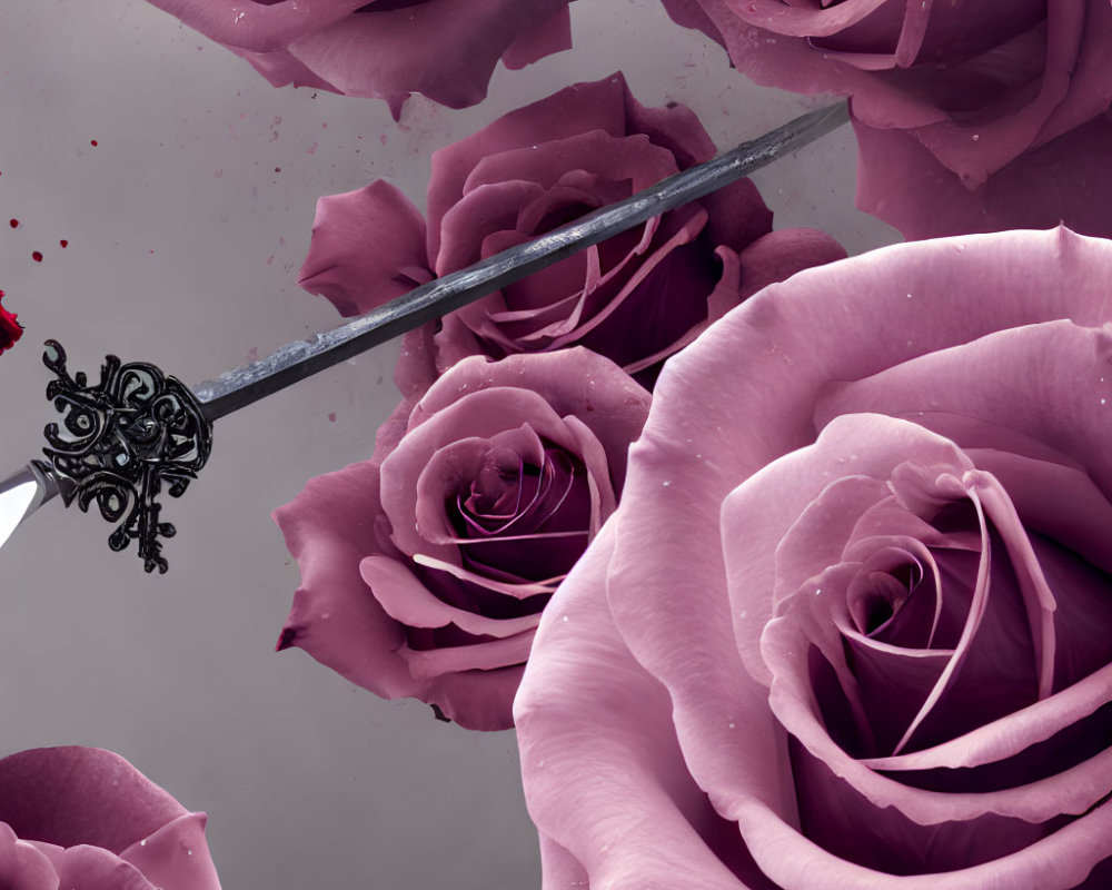 Detailed image: Sword piercing purple roses with scattering petals and red droplets on muted background