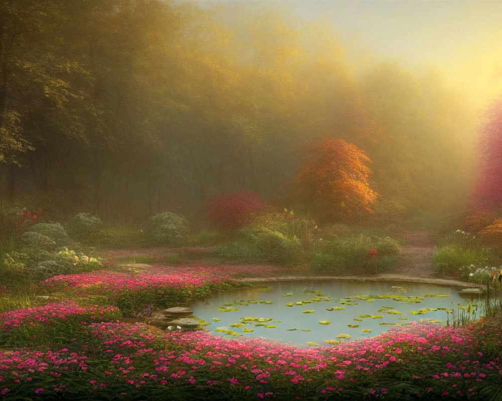 Tranquil sunrise garden with blooming flowers and pond