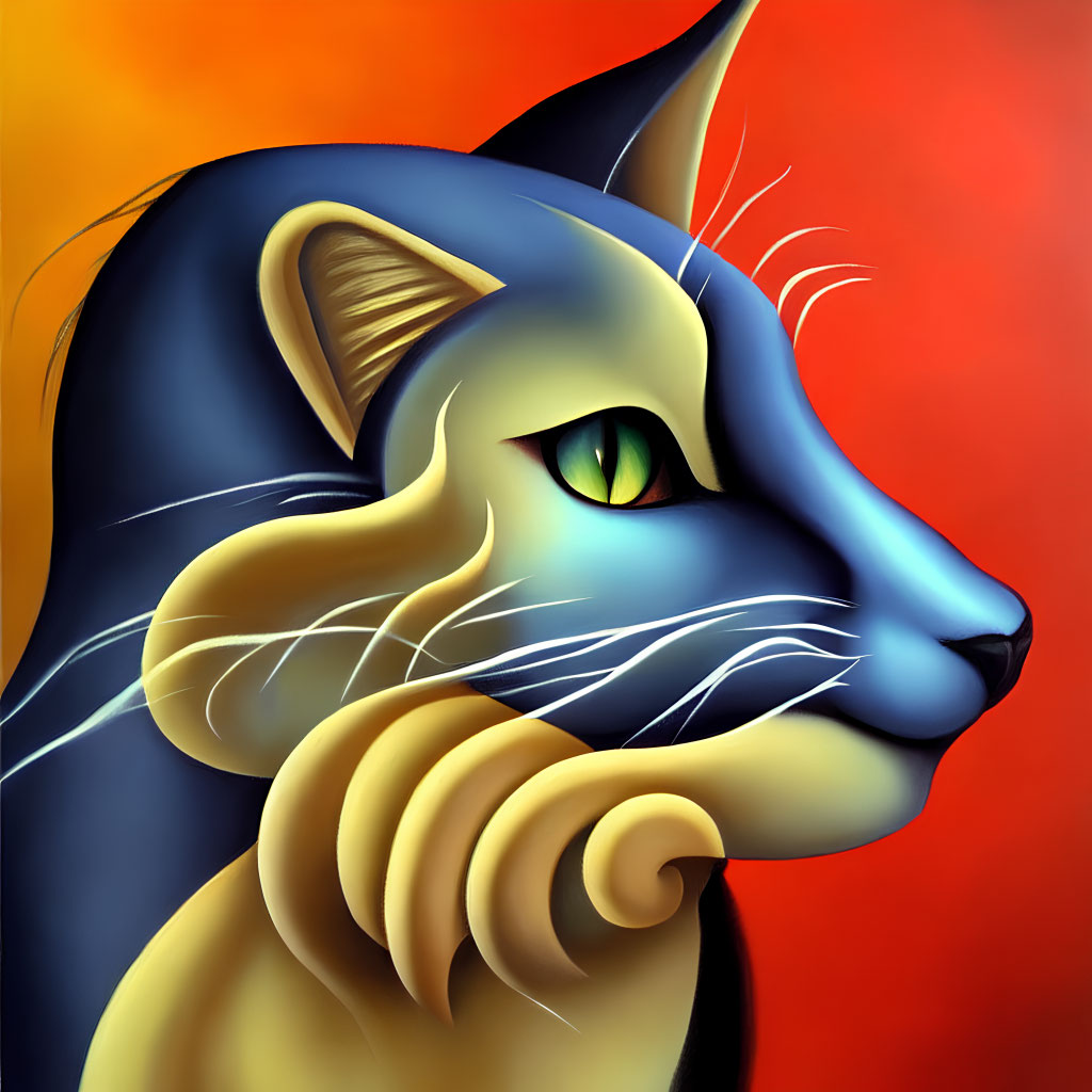 Stylized digital painting of black and gold cat with green eyes on red-orange gradient.