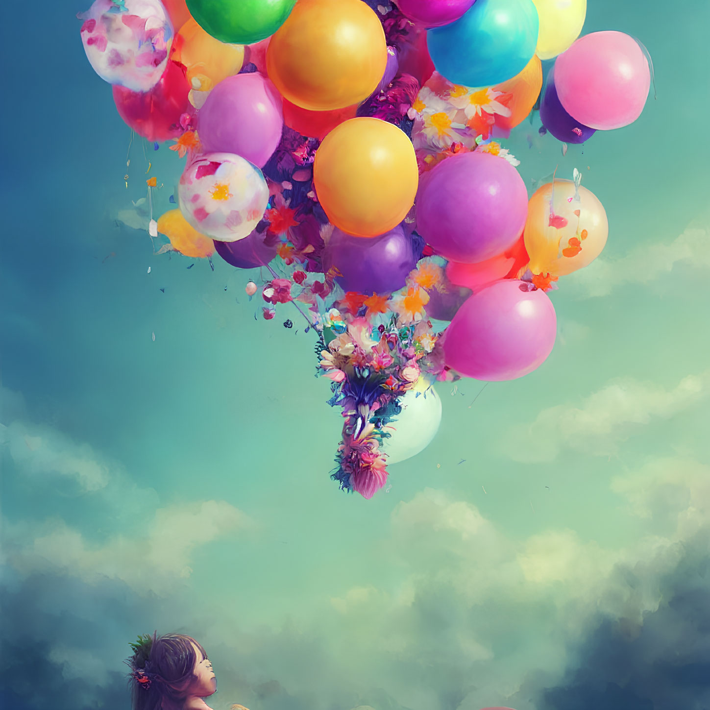 Child admiring balloons and flowers in the sky