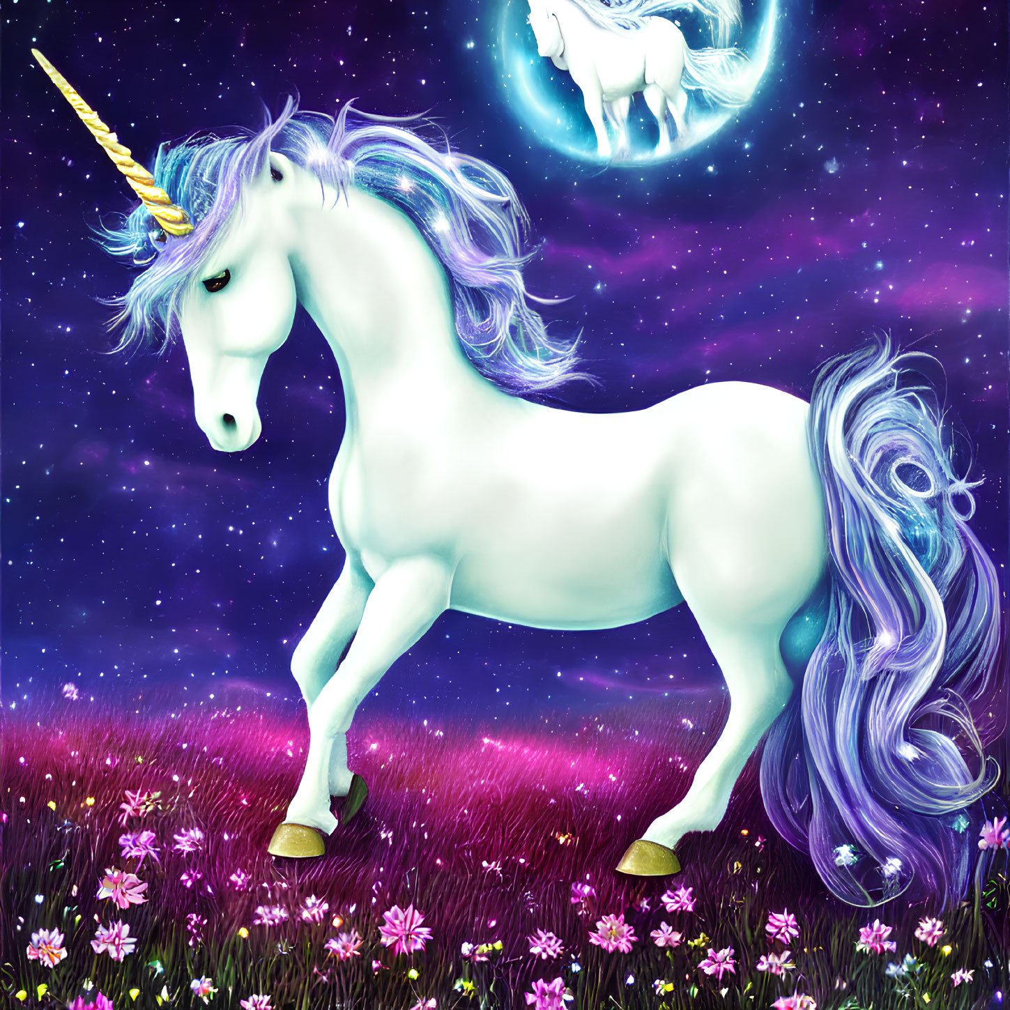 White unicorn with flowing mane in flower field under starry sky.