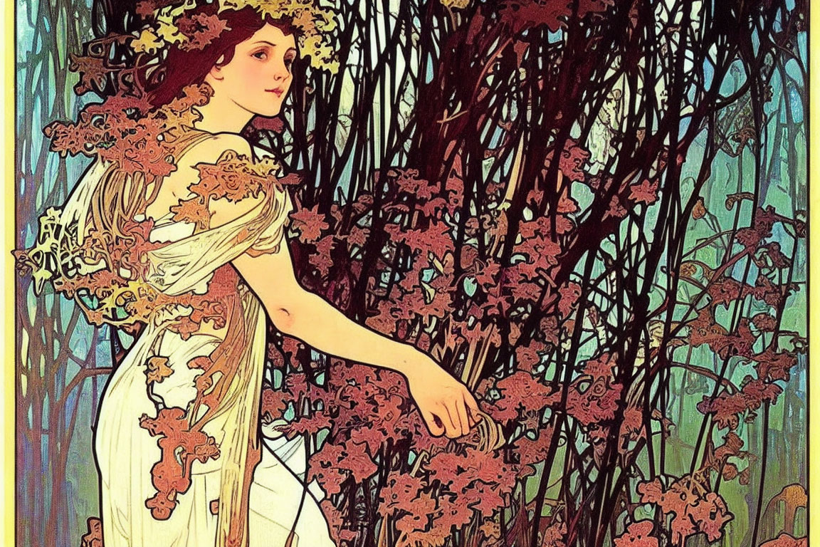 Woman in Floral White Dress in Art Nouveau Forest